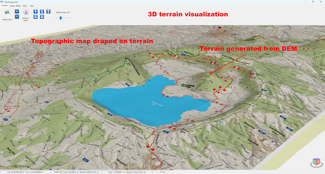 Visualizzazione tridimensionale del terreno ottenuta da un modello digitale di elevazione (DEM) con mappa topografica sovrapposta.