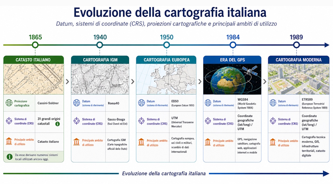 Evoluzione della cartografia italiana: datum, sistemi di coordinate (CRS), proiezioni cartografiche e principali ambiti di utilizzo