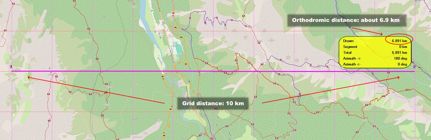 Diferencia entre la distancia sobre la cuadrícula Web Mercator y la distancia ortodrómica en la zona de Cortina d'Ampezzo.