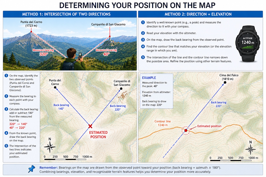 Determinar la posición en un mapa topográfico mediante contrarrumbos y altitud