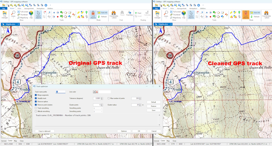 Comparaison entre une trace GPS d'origine et la même trace après nettoyage, avec suppression des points aberrants et optimisation de l'itinéraire.