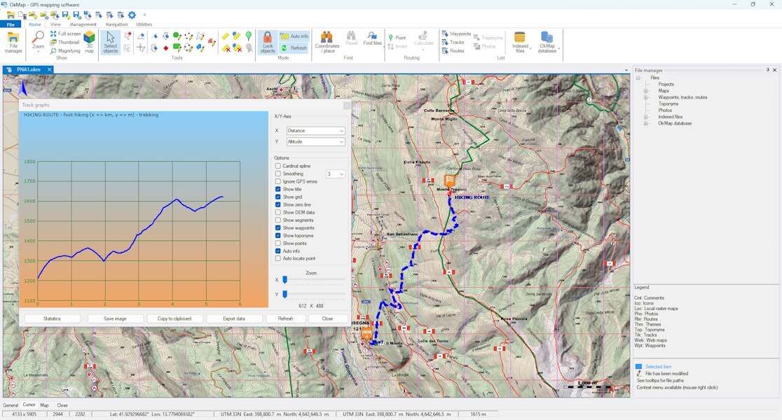 Profilo altimetrico di un percorso GPX visualizzato su una mappa topografica
