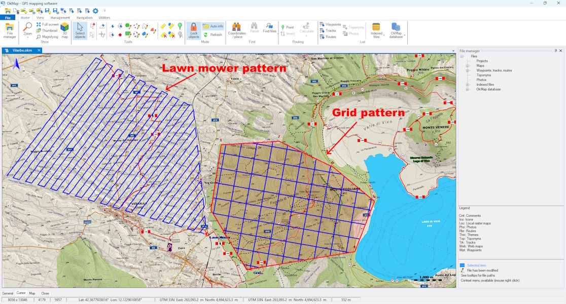 Automatic generation of GPS coverage routes using lawn mower and grid patterns for systematic area coverage.