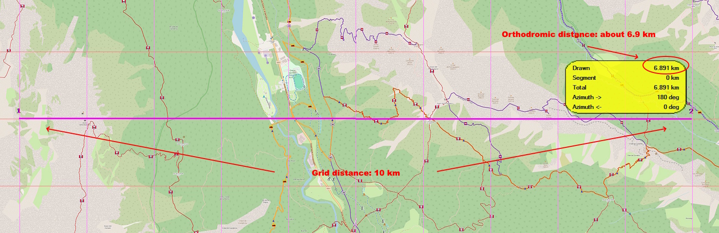 Differenza tra la distanza sulla griglia Web Mercator e la distanza ortodromica nell'area di Cortina d'Ampezzo.