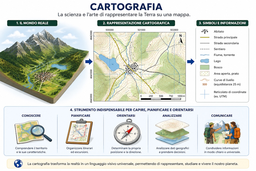 Representation of a territory using a cartographic map with roads, trails, waterways, contour lines and a coordinate grid