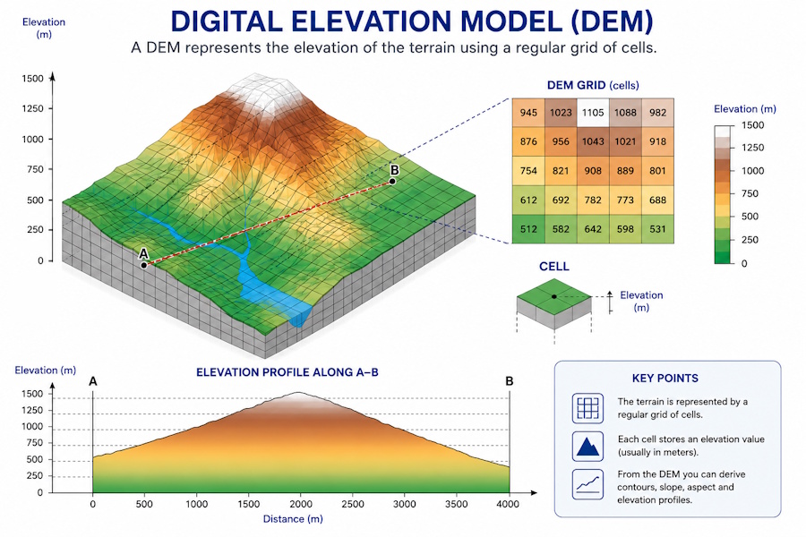 Representation of a digital terrain model using a grid of cells with elevation values