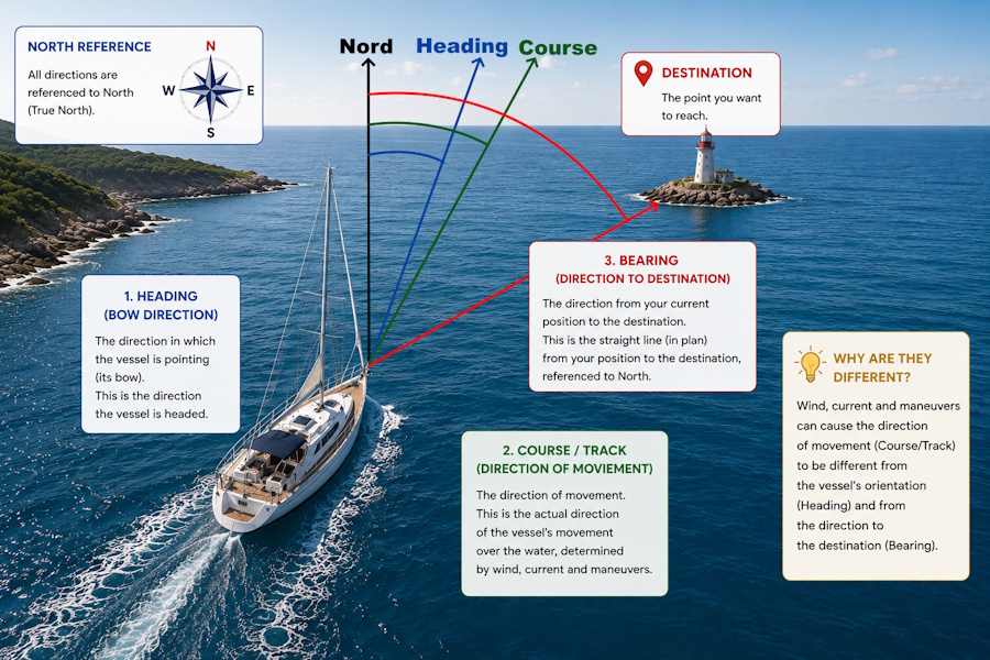 Difference between vehicle orientation, direction of movement, and direction toward a destination during navigation