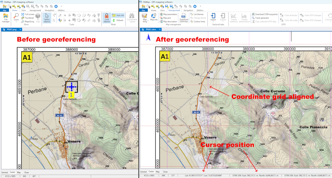 Before and after comparison of a georeferenced raster map with the coordinate grid correctly aligned