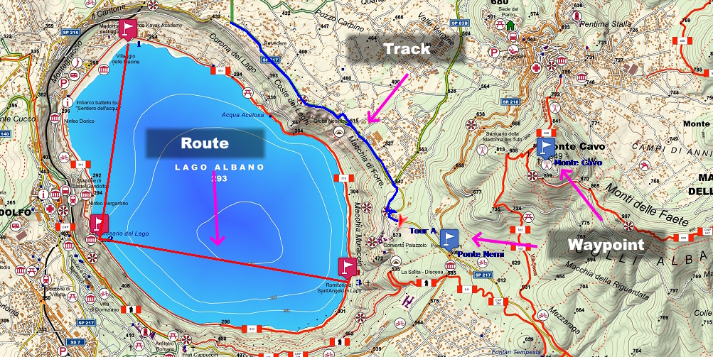Example of GPS waypoints, route and track represented on a map