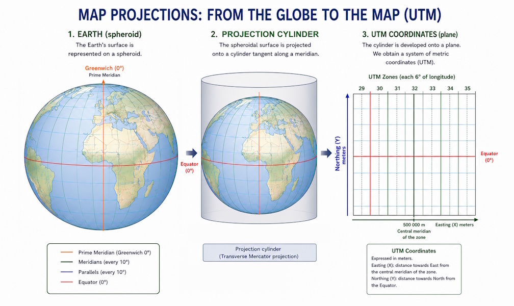 Example of a map projection from the Earth's surface to a planar representation using a cylindrical projection