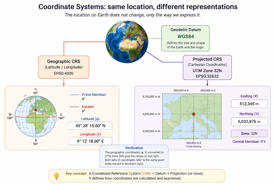 Comparison between geographic and projected coordinate systems for the same location