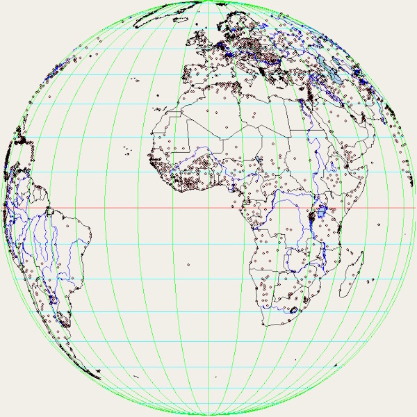 Reconstruction of the first OkMap experiment: globe with geographic grid and cartographic data.