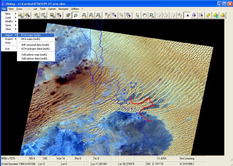 Screenshot of one of the early versions of OkMap, showing a georeferenced raster map, GPS tracks and waypoints.