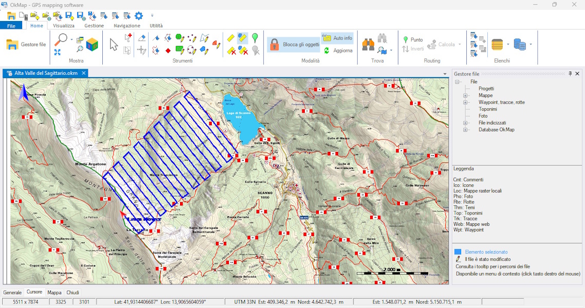 Generating a mowing-the-lawn track with OkMap Desktop's Lawn Mower function on a hiking map.