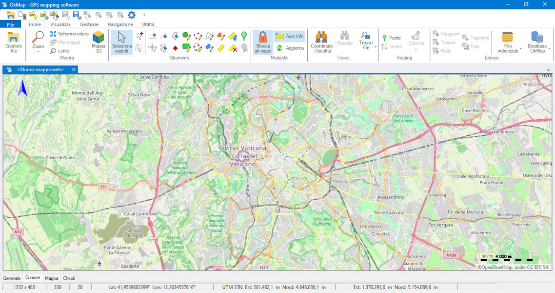 OkMap Desktop displaying an OpenStreetMap map of Rome in a new web map.